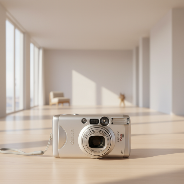 Silver Canon Sure Shot 150u film camera on wood floor in sunlit room with blurred background at ClubCamera.com