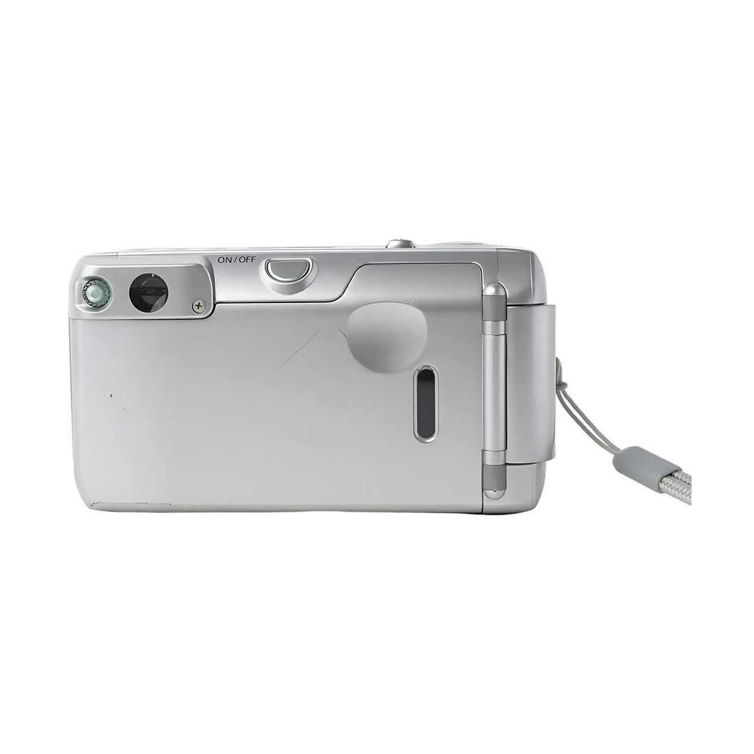 Rear view silver Canon Sure Shot 150u film camera with matte finish and green power button at ClubCamera.com