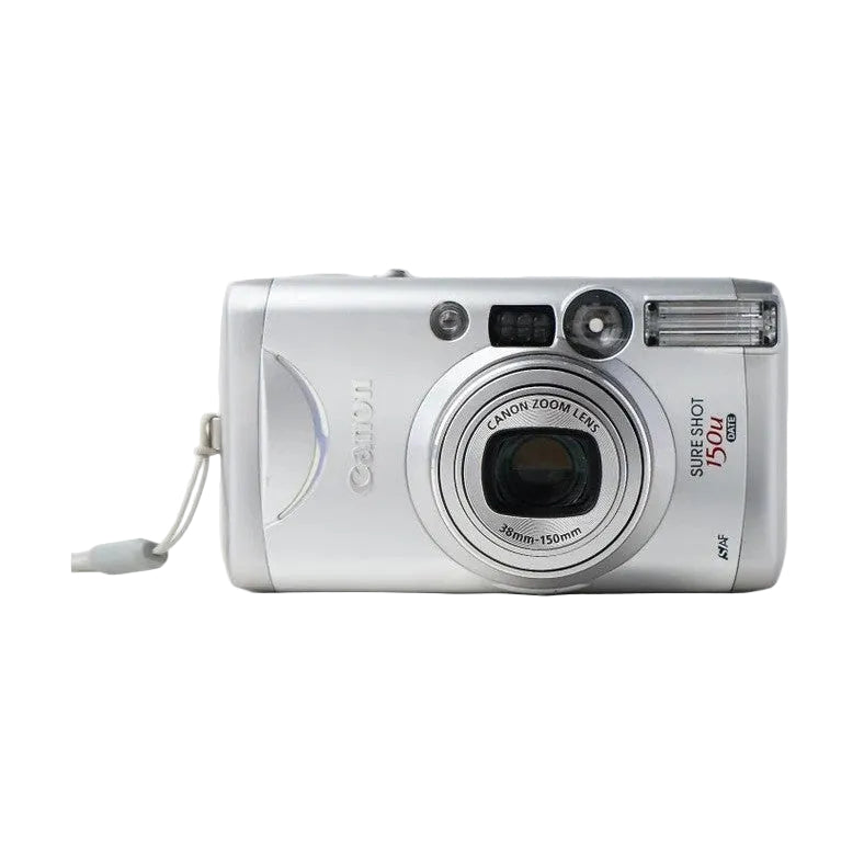 Studio shot silver Canon Sure Shot 150u compact film camera with braided strap against white background at ClubCamera.com