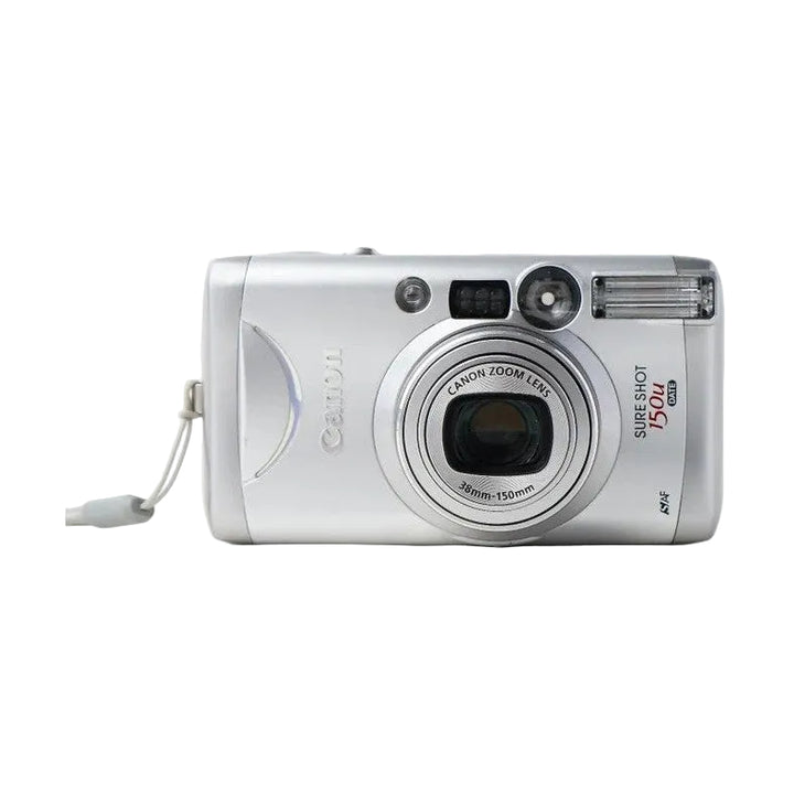 Studio shot silver Canon Sure Shot 150u compact film camera with braided strap against white background at ClubCamera.com