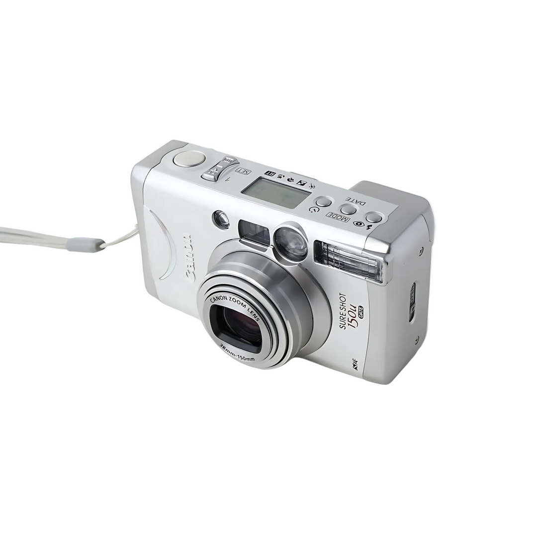 Front angled silver Canon Sure Shot 150u 35mm camera showing extended zoom lens and red branding at ClubCamera.com