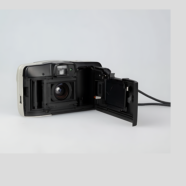 Open back view of Canon Sure Shot 60 Zoom revealing internal film chamber and mechanical components