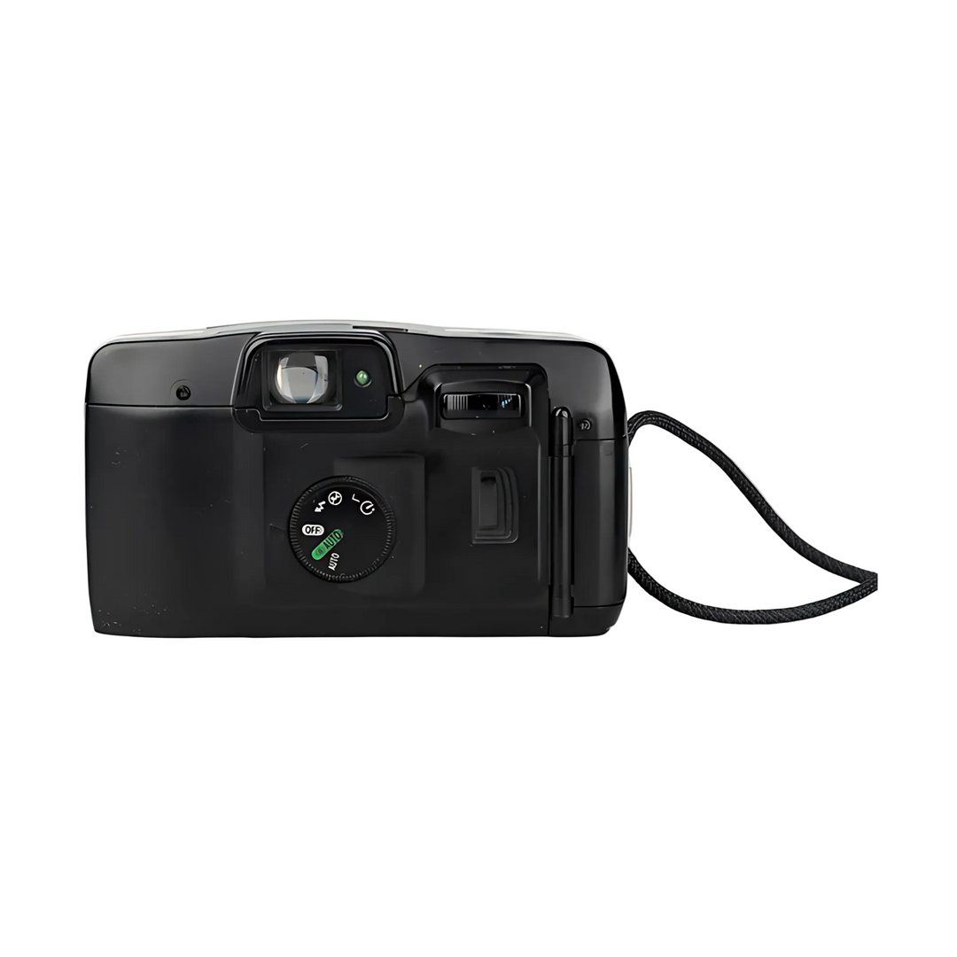 Rear view of Canon Sure Shot 60 Zoom displaying mode dial, viewfinder, and control layout on black panel