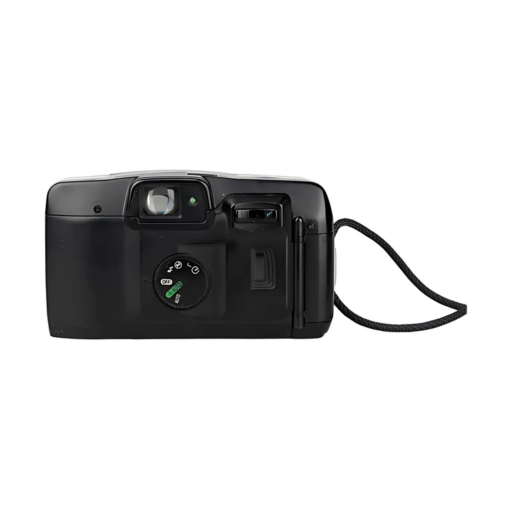 Rear view of Canon Sure Shot 60 Zoom displaying mode dial, viewfinder, and control layout on black panel
