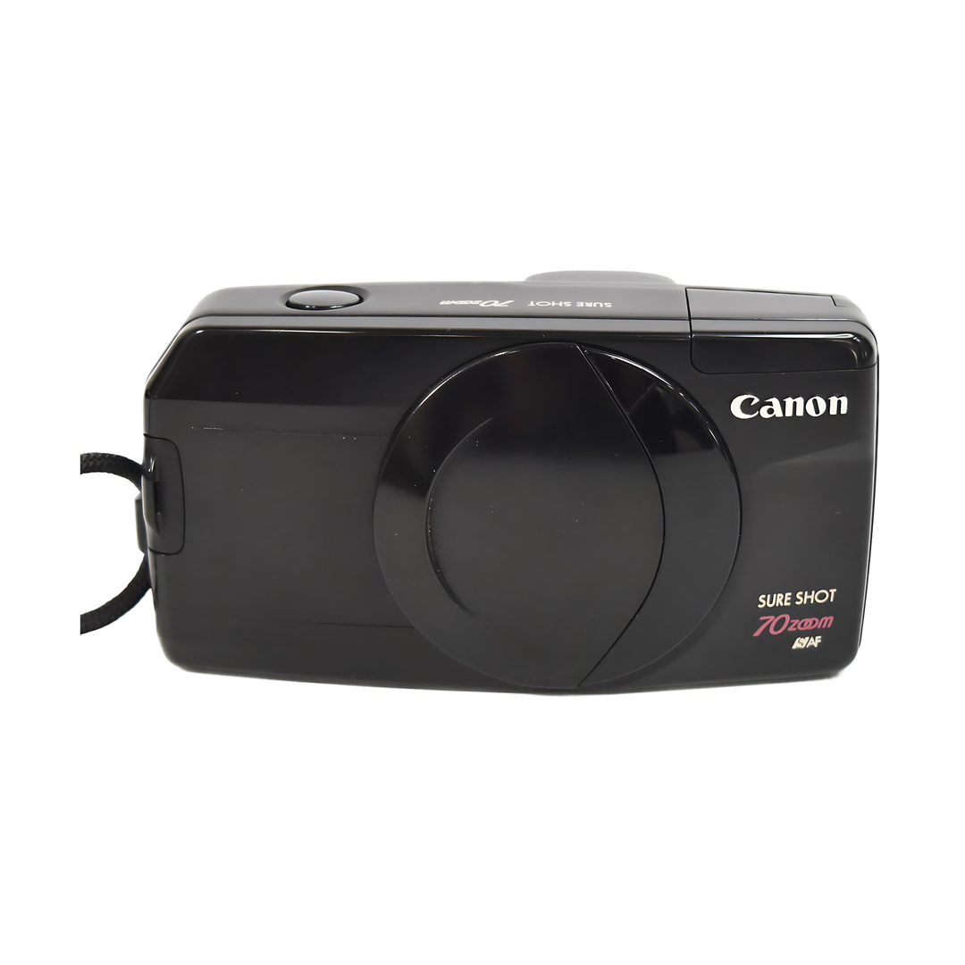 Side profile of glossy black Canon Sure Shot 70 Zoom 35mm film camera showing embossed branding and seamless edges