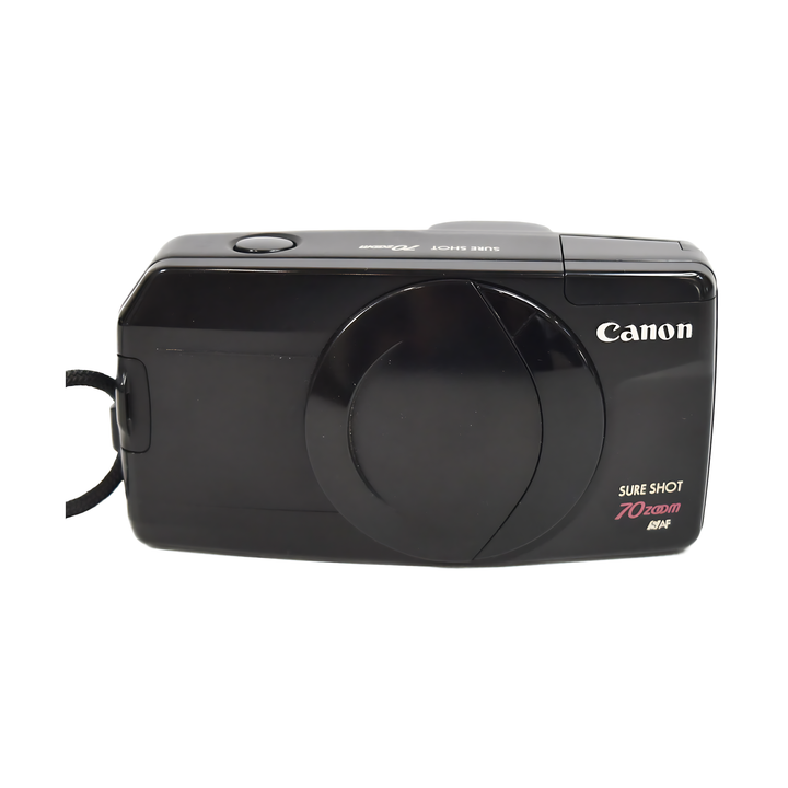 Side profile of glossy black Canon Sure Shot 70 Zoom 35mm film camera showing embossed branding and seamless edges