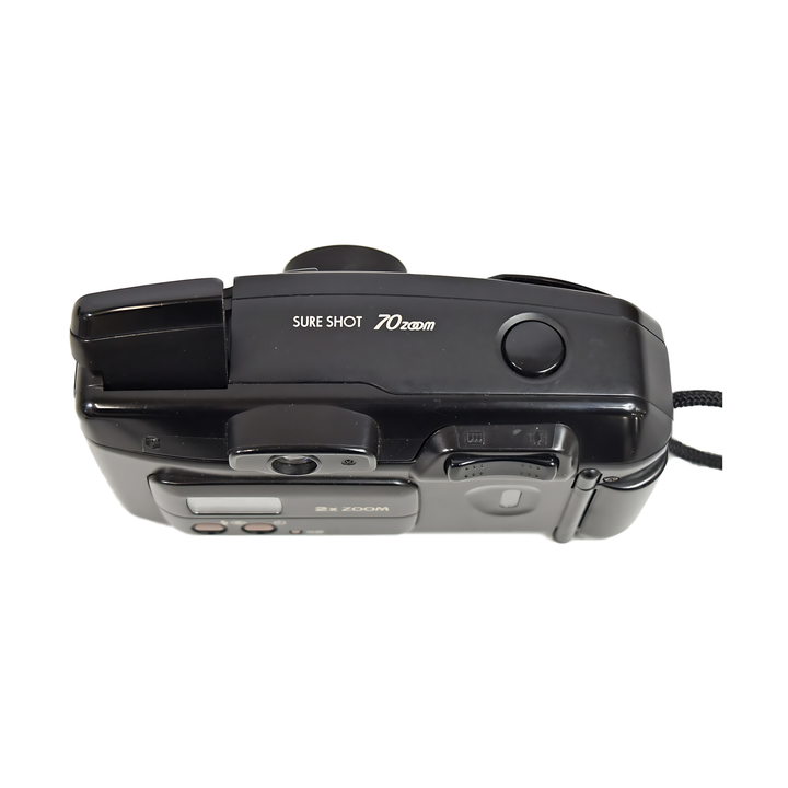 Top-down view of black Canon Sure Shot 70 Zoom film camera with shutter button and folded flash unit at ClubCamera.com