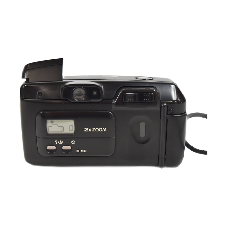 Rear view of black Canon Sure Shot 70 Zoom film camera with LCD display pink buttons and green autofocus light at ClubCamera.com