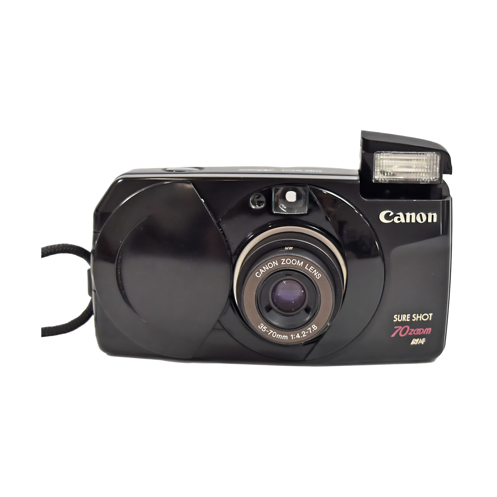 Studio shot of black Canon Sure Shot 70 Zoom 35mm film camera white background showing red text logo and curved body design
