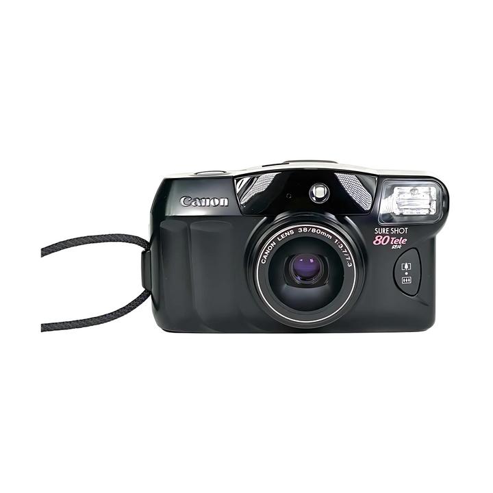 Black Canon Sure Shot 80 Tele 35mm point-and-shoot camera with silver logo and flash