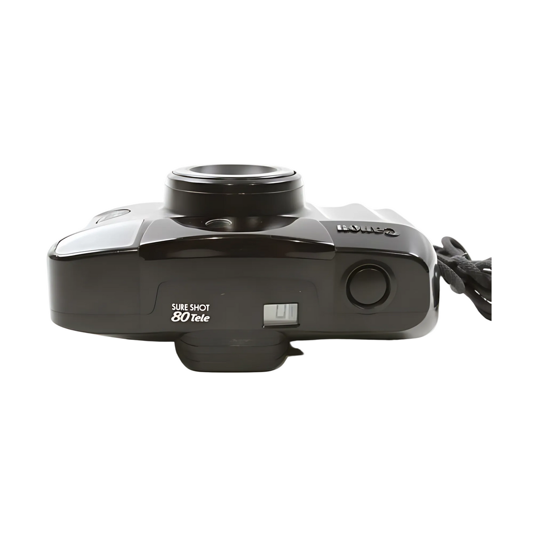 Front view of glossy black Canon Sure Shot 80 Tele with SURE SHOT branding