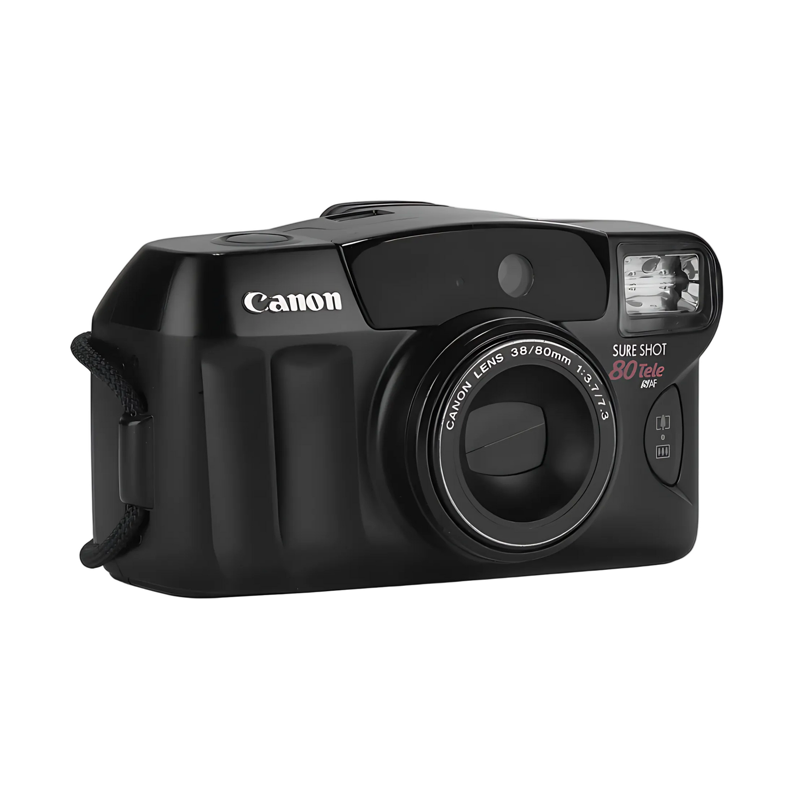 Side view of black Canon Sure Shot 80 Tele showing ergonomic grip and mode dial