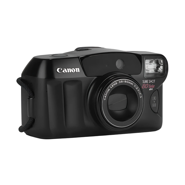 Side view of black Canon Sure Shot 80 Tele showing ergonomic grip and mode dial