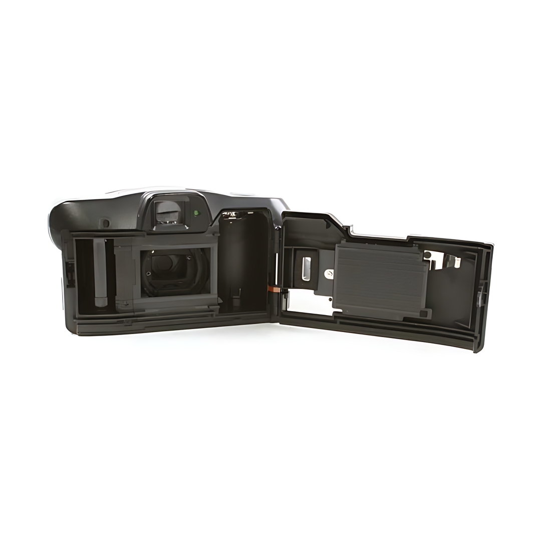 Open back of Canon Sure Shot 80 Tele revealing internal film compartment and spool