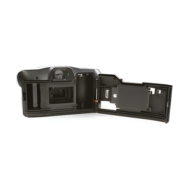 Open back of Canon Sure Shot 80 Tele revealing internal film compartment and spool