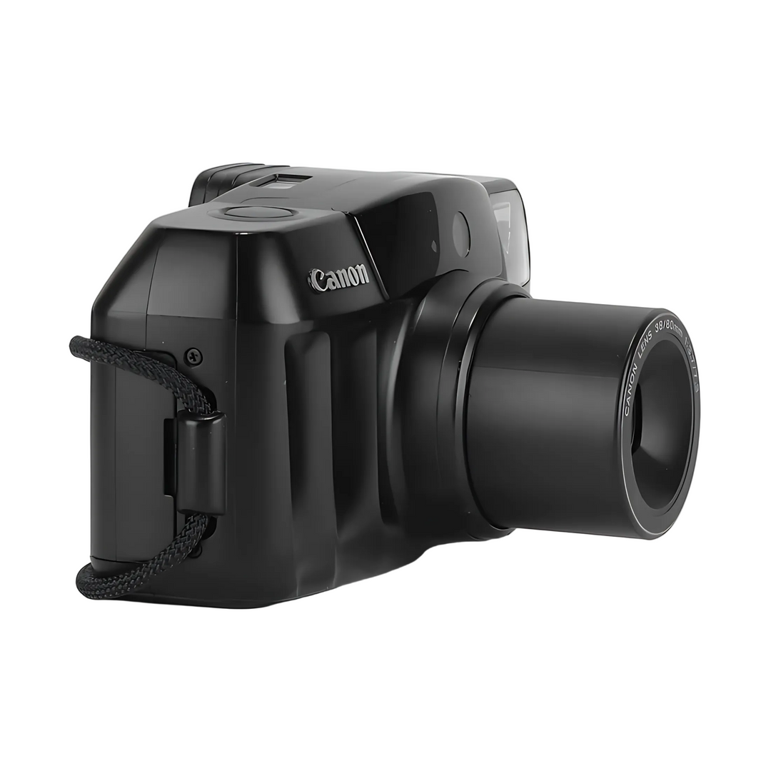 Rear-left angle of compact Canon Sure Shot 80 Tele film camera with extended lens