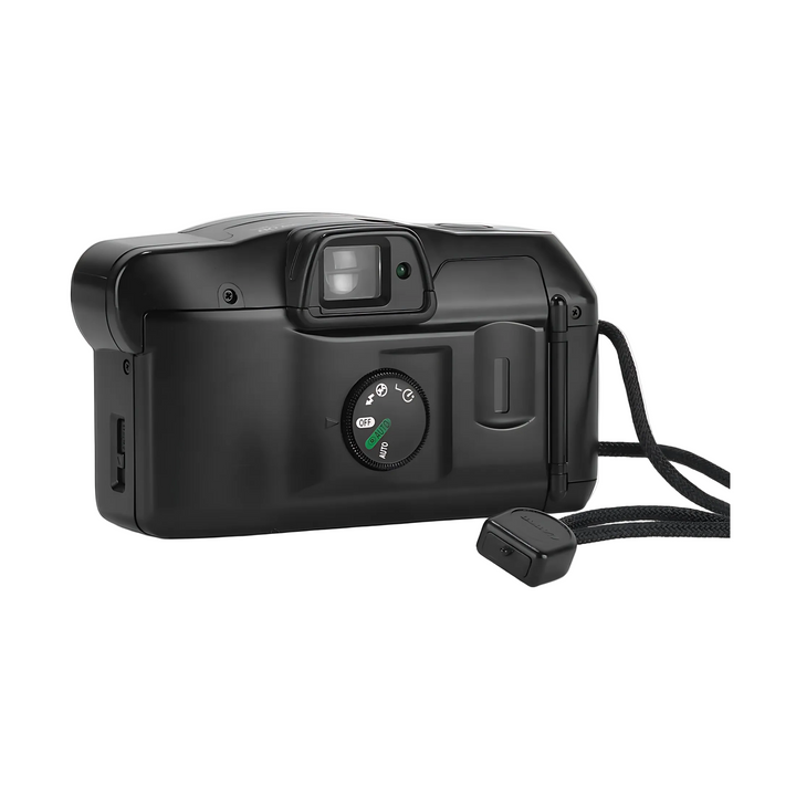 Back view of black Canon Sure Shot 80 Tele with AUTO mode dial and wrist strap