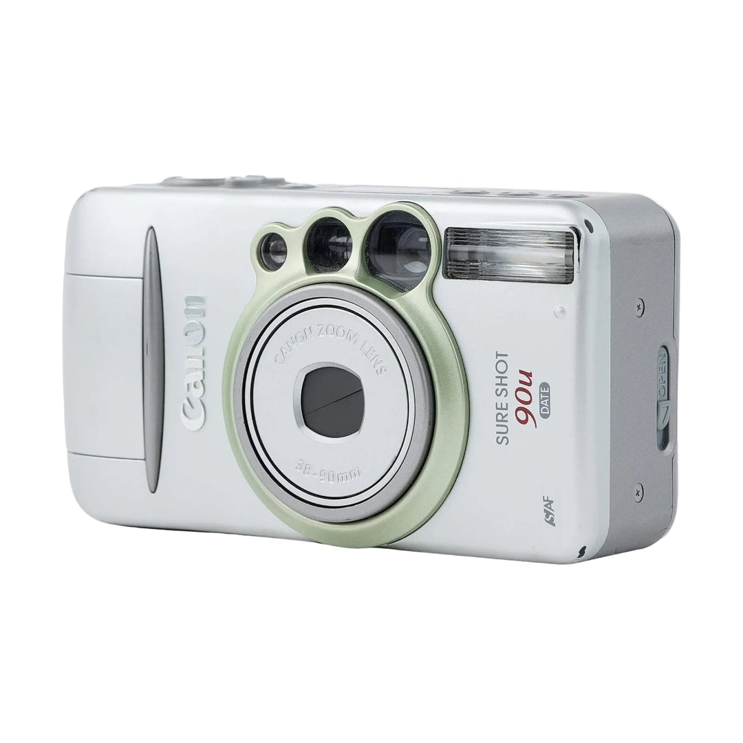 Silver Canon Sure Shot 90u front with sage green lens ring and red text at ClubCamera.com