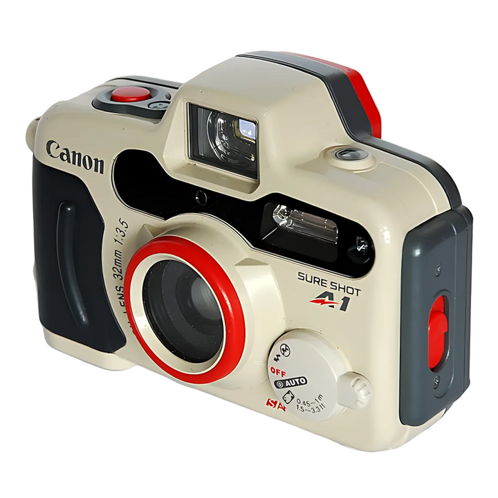Canon Sure Shot A-1 Panorama cream film camera with red accents and black grip at ClubCamera.com