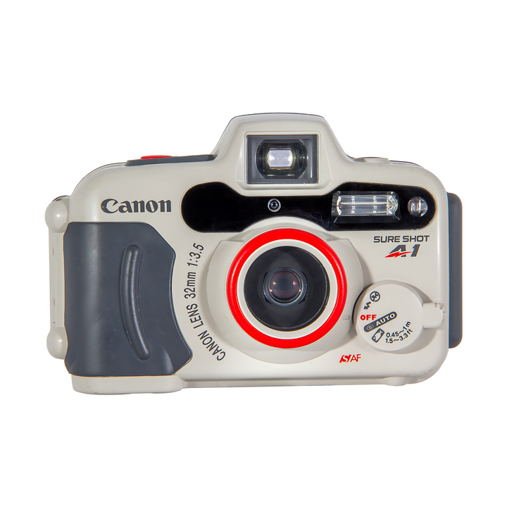 Front shot of beige Canon Sure Shot A-1 Panorama 35mm film camera with black grips and red lens ring