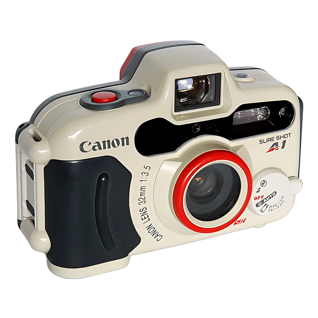 Three-quarter angle of beige Canon Sure Shot A-1 film camera showing ergonomic shape and vintage styling