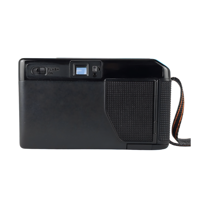 Rear view of black Canon AF35M II showing flash switch and rubberized grip