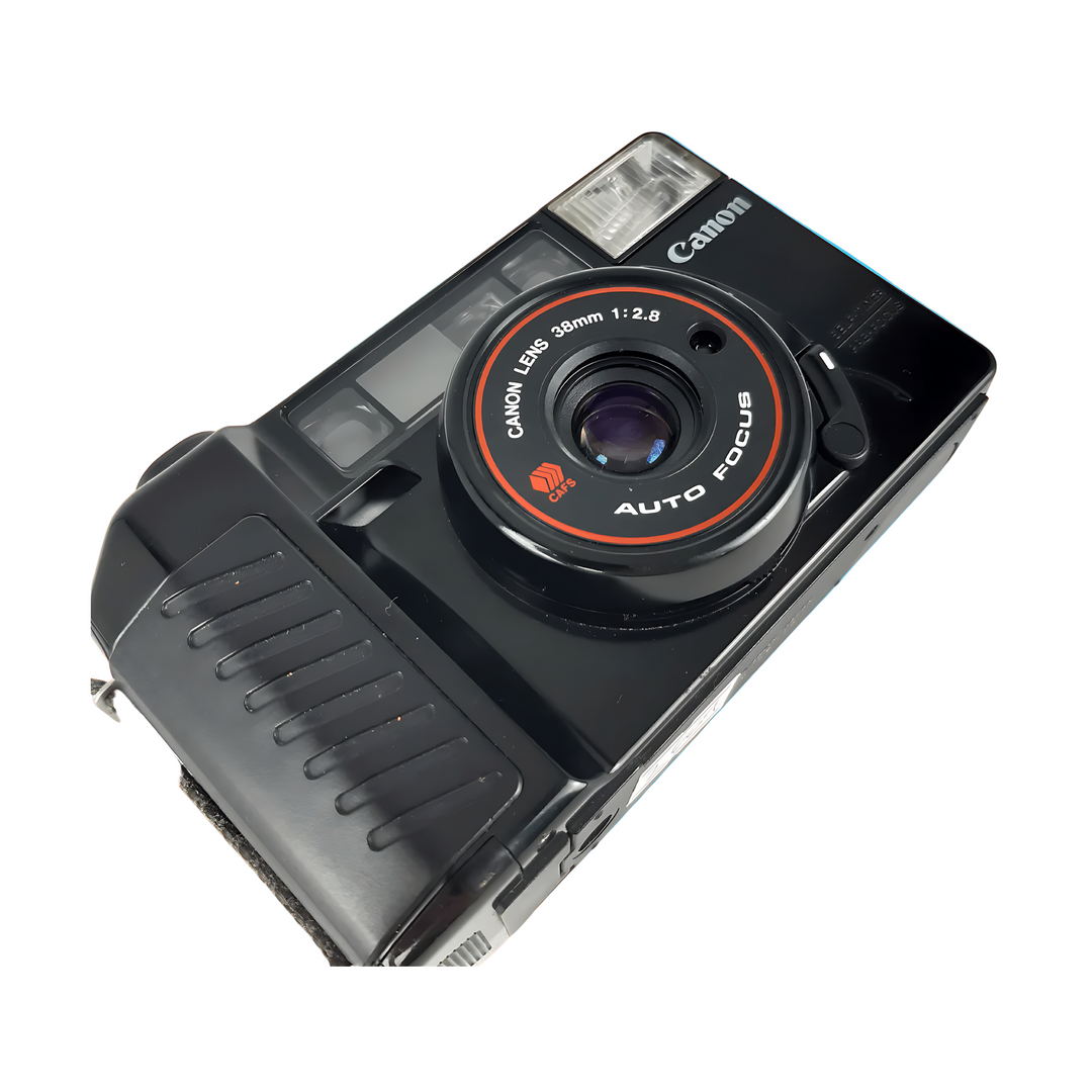 Top-down view of glossy black Canon AF35M II film camera body