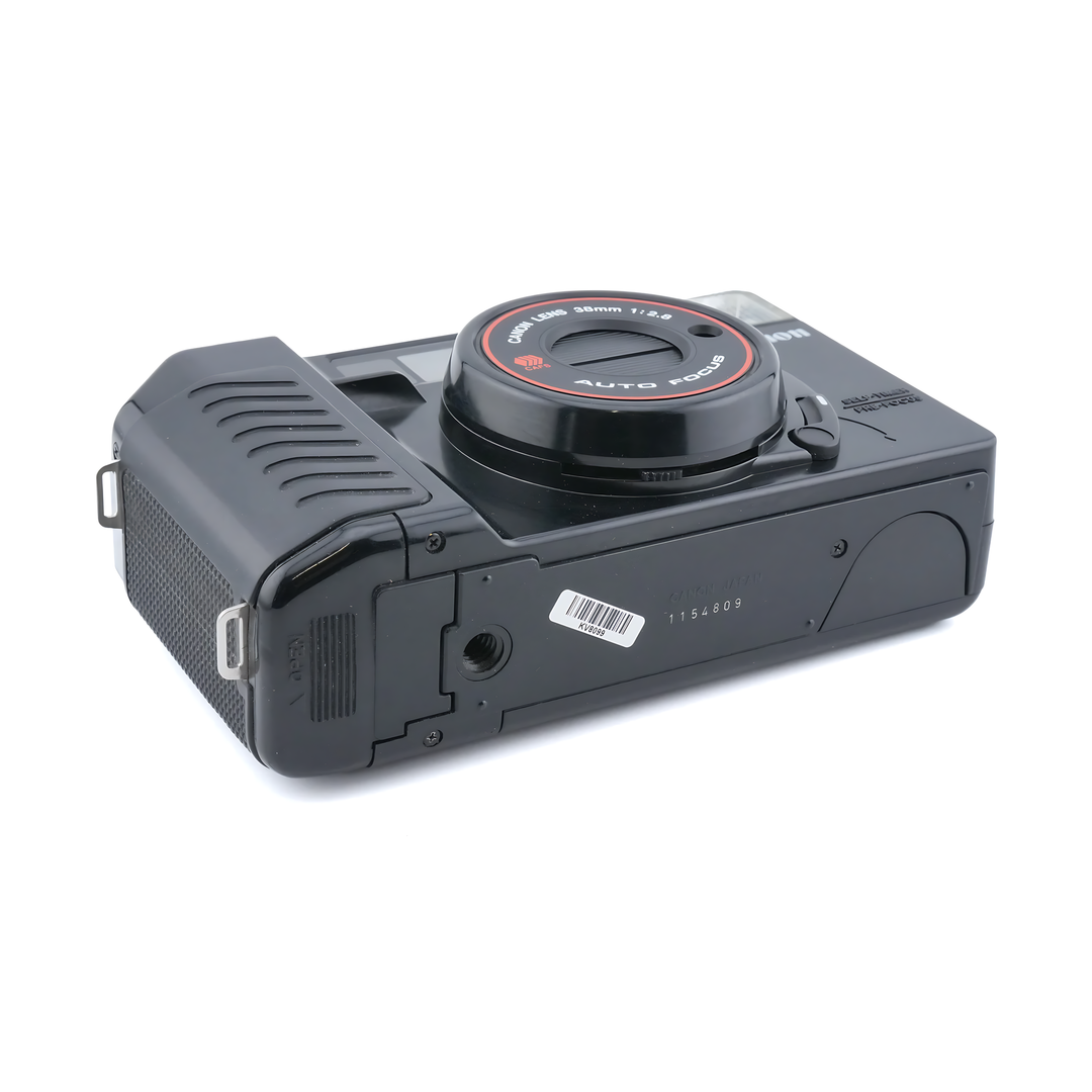 Top-rear view of used black Canon AF35M II with barcode sticker visible