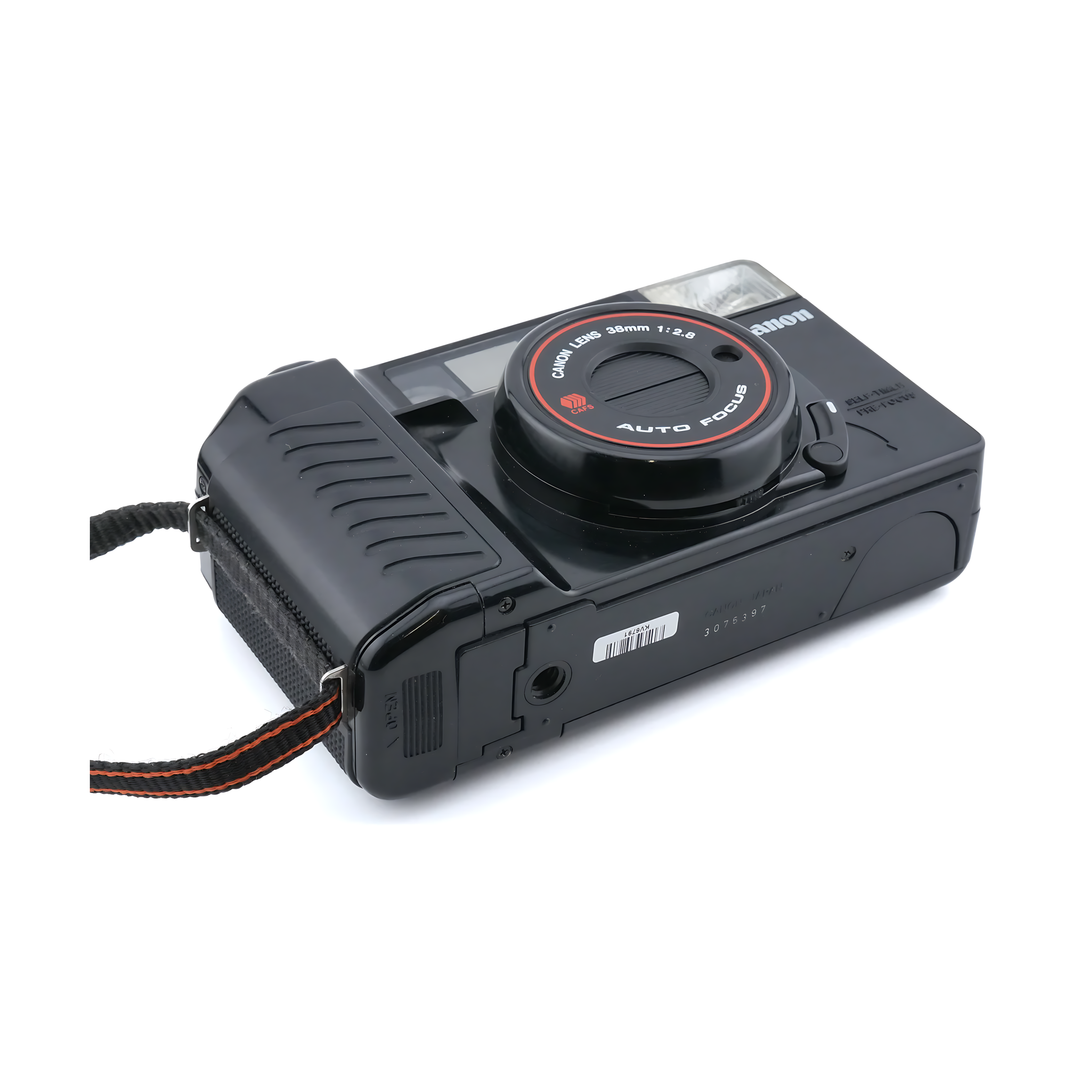 Black Canon AF35M II film camera rear view with textured grip and ClubCamera.com