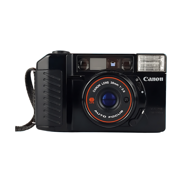 Front view black Canon AF35M II with orange ring lens and ClubCamera.com