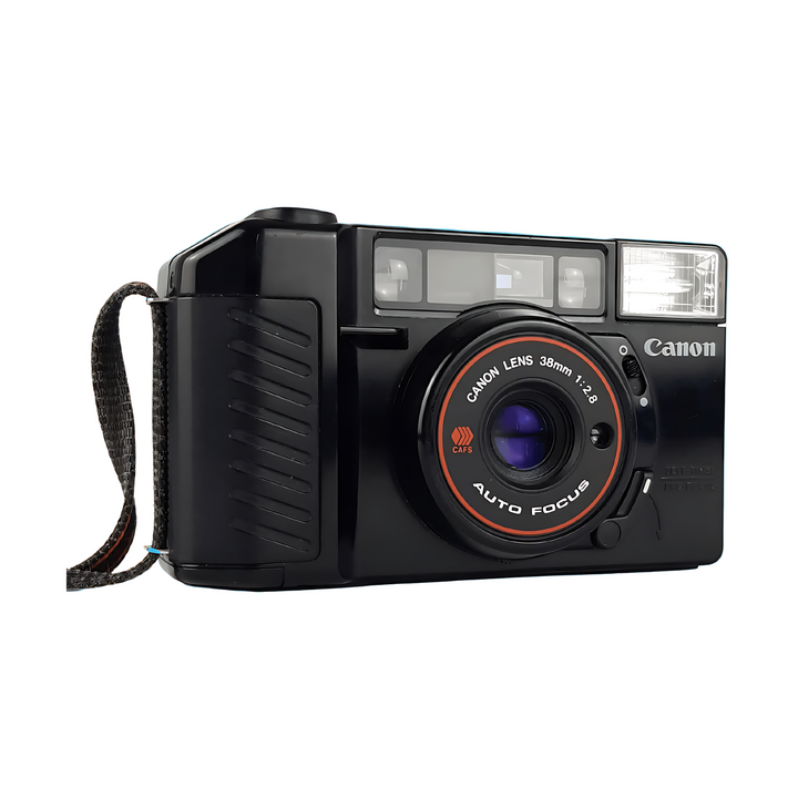 Angled front shot of black Canon AF35M II with blue lens reflection