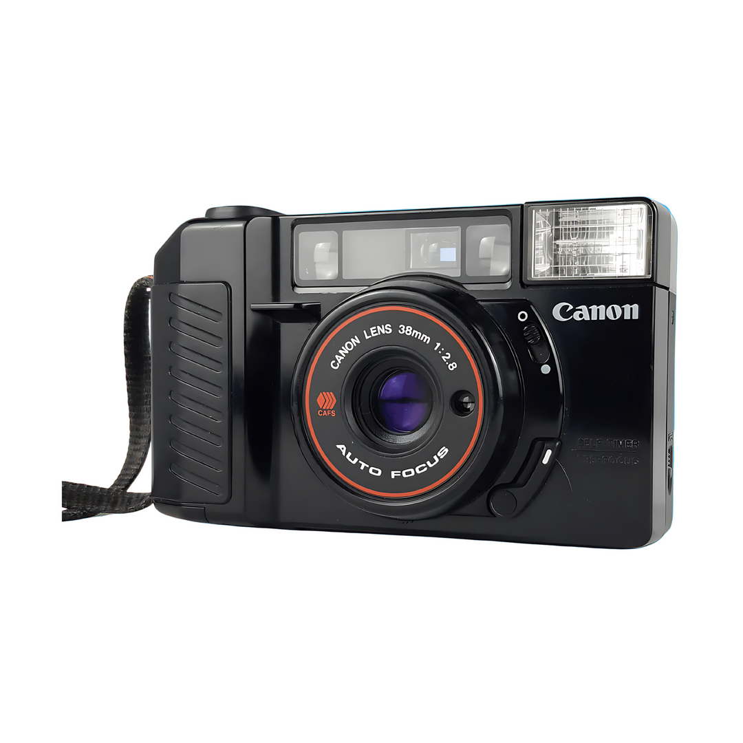 Black Canon AF35M II three-quarter view with purple-tinted lens glass