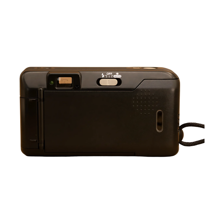 Rear view of closed black Canon Sure Shot Max 35mm camera showing power switch and viewfinder window at ClubCamera.com