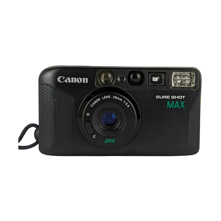 Front angled black Canon Sure Shot Max 35mm film camera showing lens and teal branding sold by ClubCamera.com
