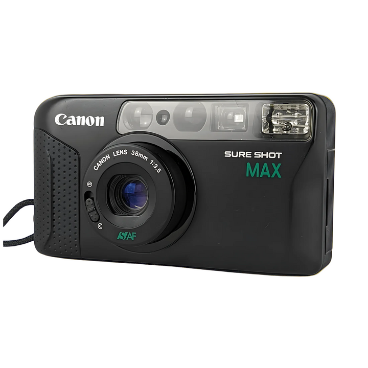 Black Canon Sure Shot Max 35mm point-and-shoot front view with 38mm f/3.5 lens and AF logo from ClubCamera.com
