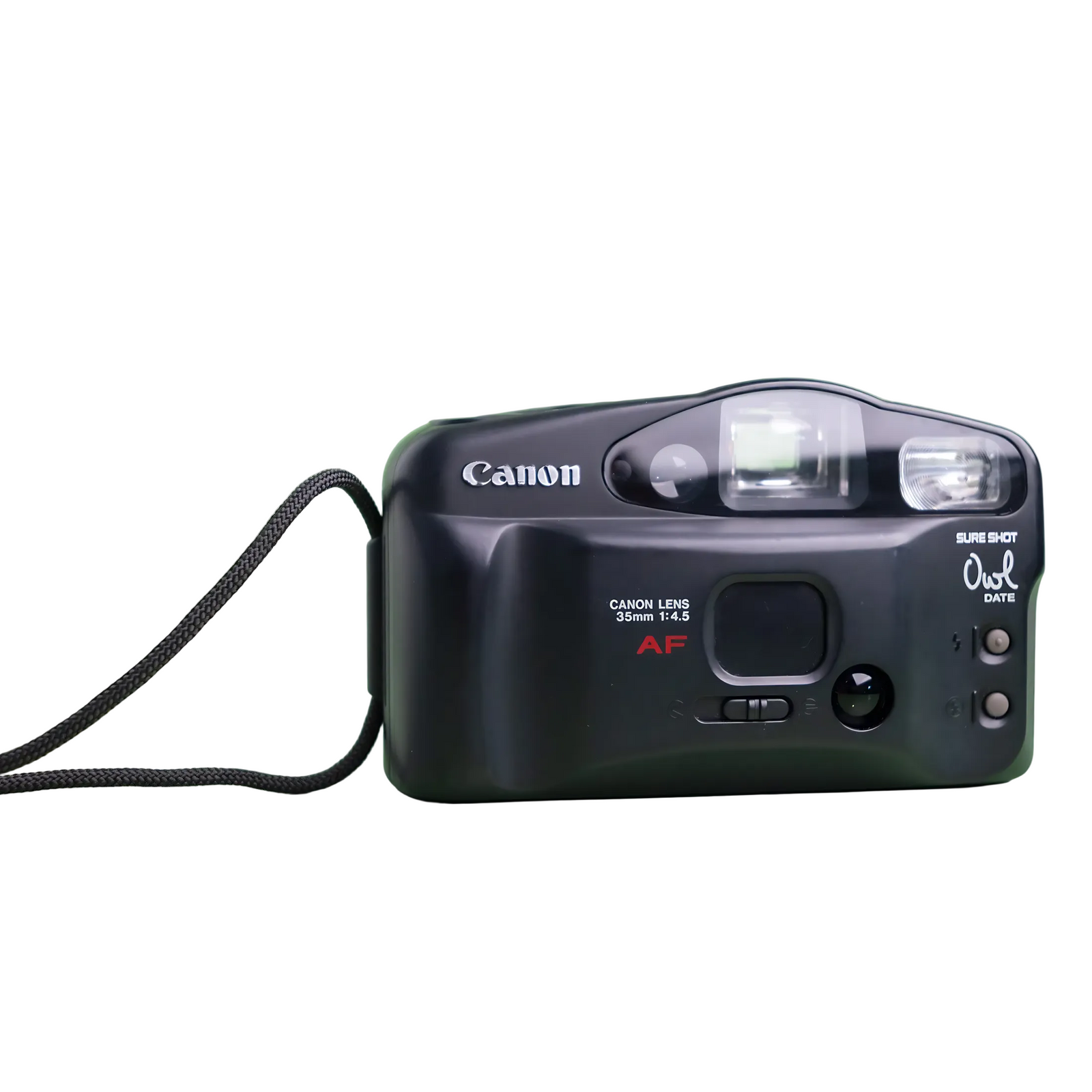 Side profile of compact black Canon Sure Shot Owl film camera highlighting ergonomic grip at ClubCamera.com