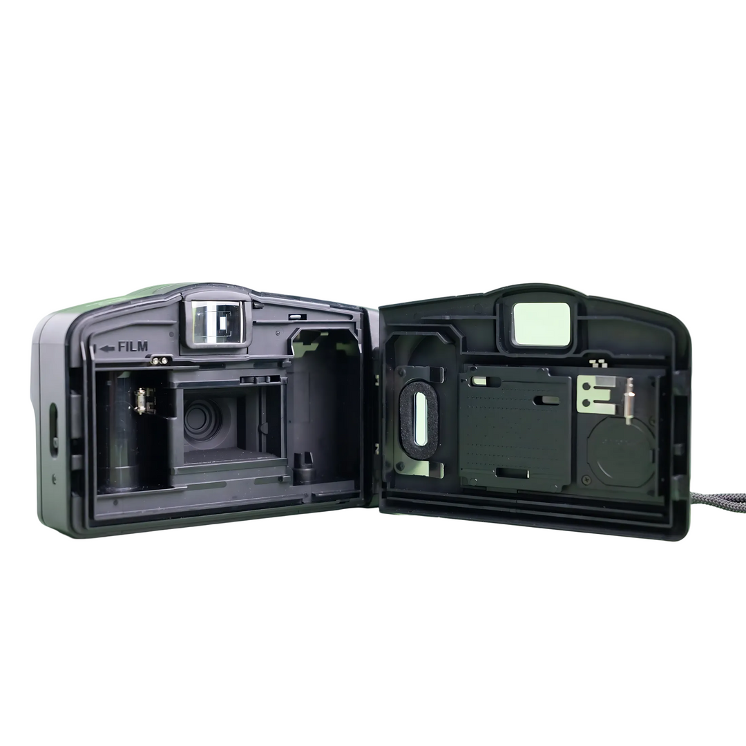 Open back panel of Canon Sure Shot Owl showing film chamber and battery compartment at ClubCamera.com