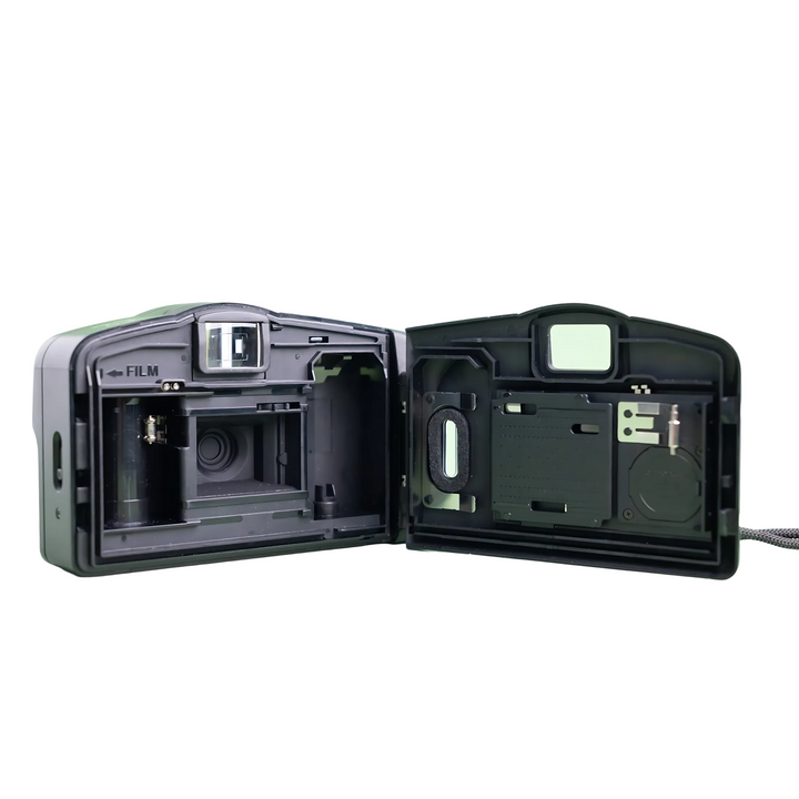 Open back panel of Canon Sure Shot Owl showing film chamber and battery compartment at ClubCamera.com