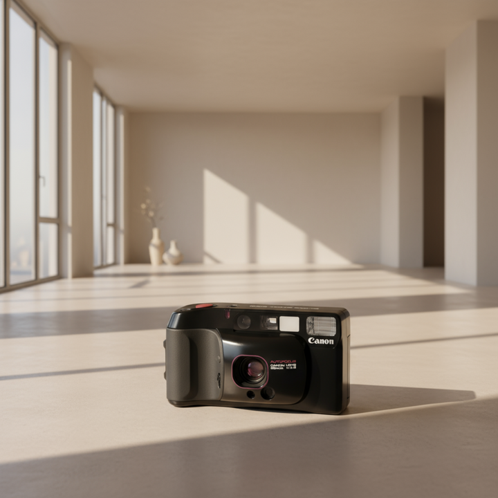 Canon Sure Shot Supreme 35mm film camera on beige floor in sunlit room highlighting compact design and tilting foot feature at ClubCamera.com
