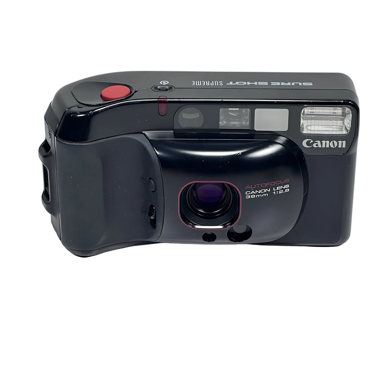 Direct front shot of Canon Sure Shot Supreme 35mm film camera with red shutter button, purple glass lens, and white branding text at ClubCamera.com