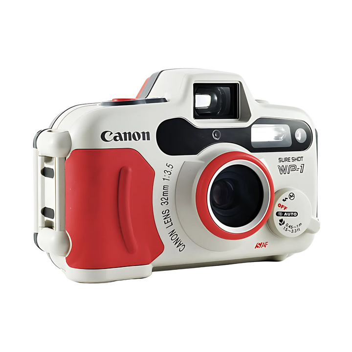 White Canon Sure Shot WP-1 35mm film camera with red grip panel and 32mm lens ring front view from ClubCamera.com