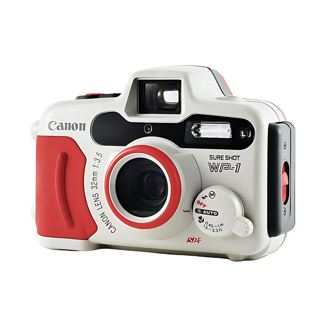 Red and white Canon Sure Shot WP-1 underwater film camera with 32mm lens and macro focus dial from ClubCamera.com