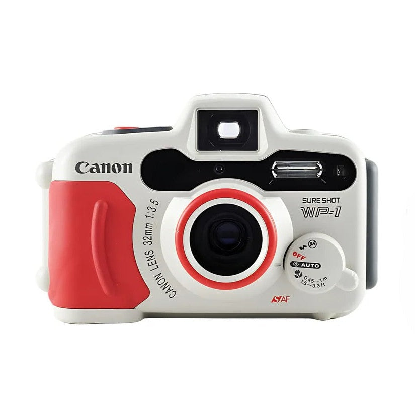 Canon Sure Shot WP-1 white 35mm waterproof film camera with red grip and lens ring sold at ClubCamera.com