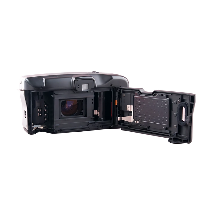 Open back Canon Sure Shot Z135 Zoom revealing internal film chamber and shutter mechanism
