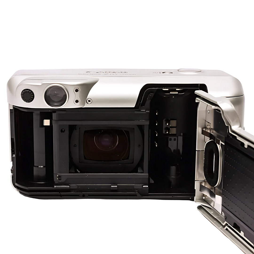Open back interior of Canon Sure Shot Z155 showing film chamber and mirror box mechanism
