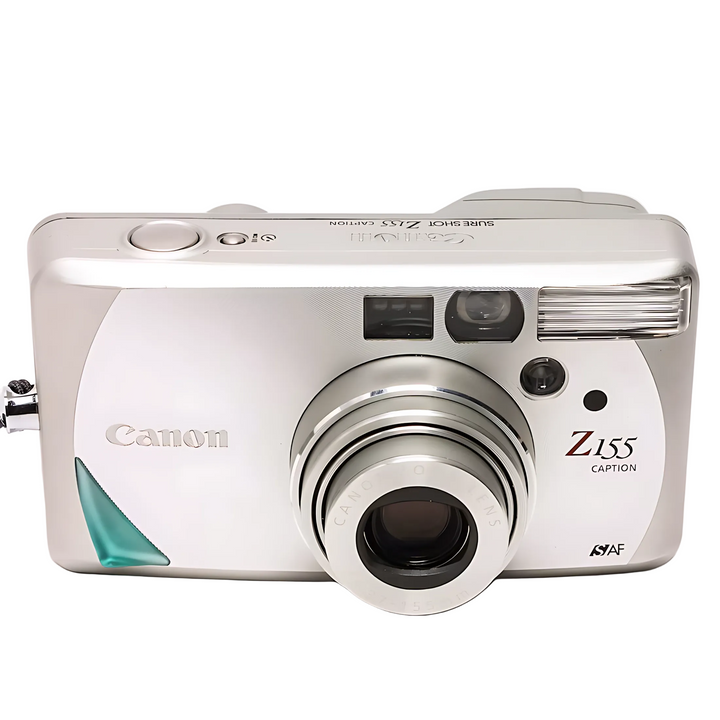 Silver Canon Sure Shot Z155 film camera with teal accent triangle from ClubCamera.com