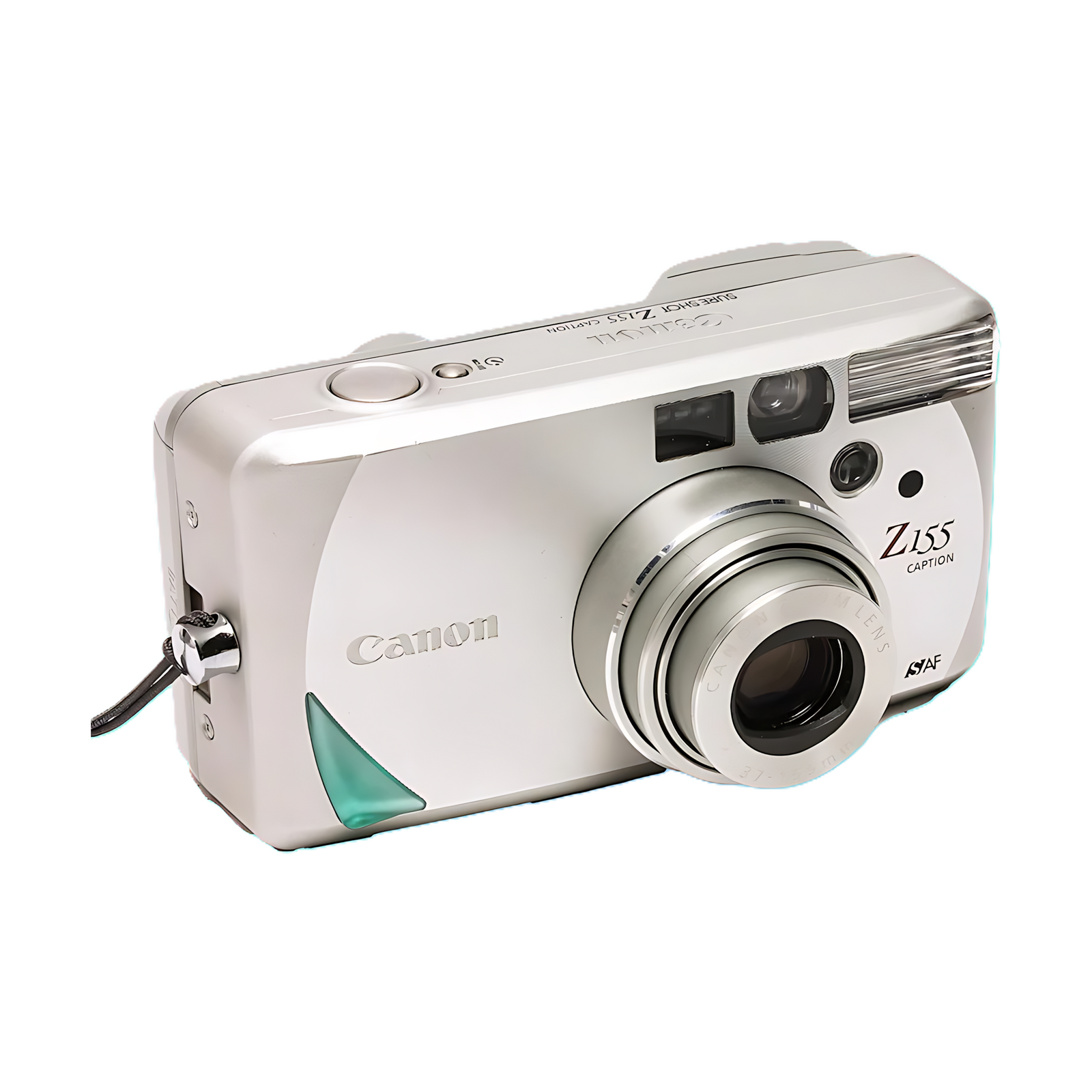 Three-quarter angle of silver Canon Sure Shot Z155 35mm point and shoot with zoom lens