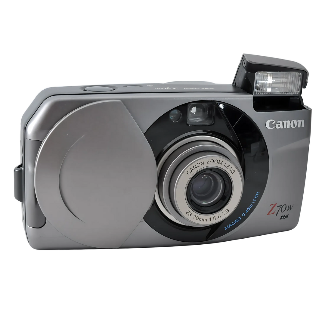 Canon Sure Shot Z70W three-quarter view with blue MACRO text and glossy black lens surround details