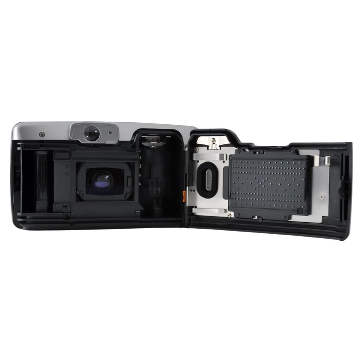 Open back of Canon Z70W film camera showing film compartment, pressure plate, and mirror assembly