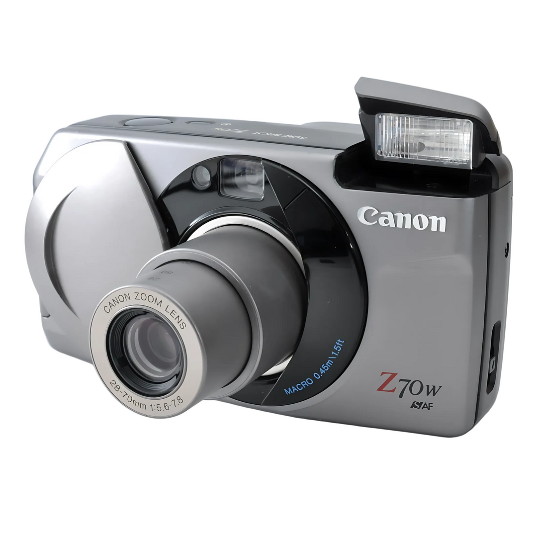 Canon Z70W front view with deployed flash, IS/AF badge, and 28-70mm zoom lens specs visible